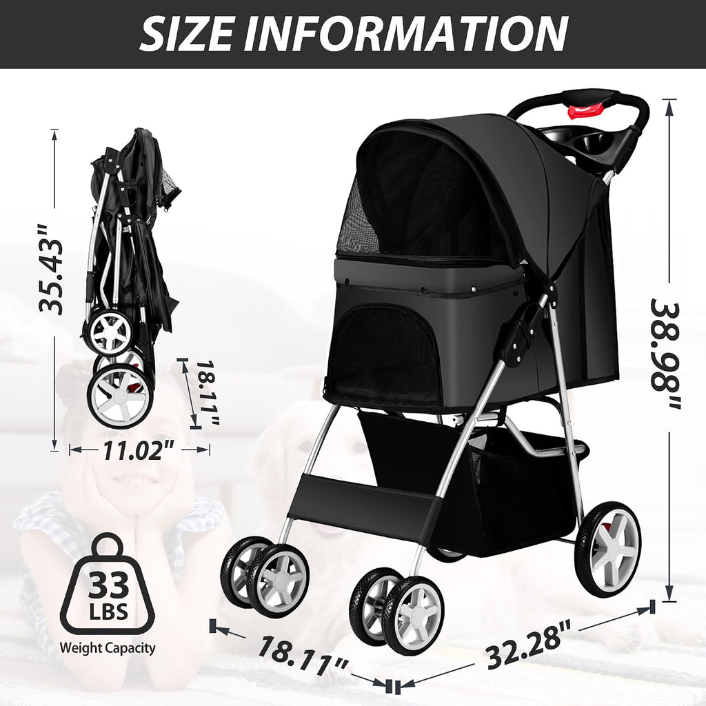 unisakey foldable 4-wheel pet stroller for dogs cats, close-up detail