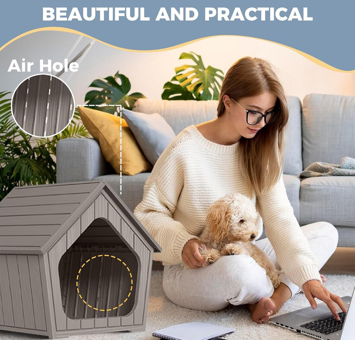 dog house indoor outdoor puppy kennel animal shelter shown in use
