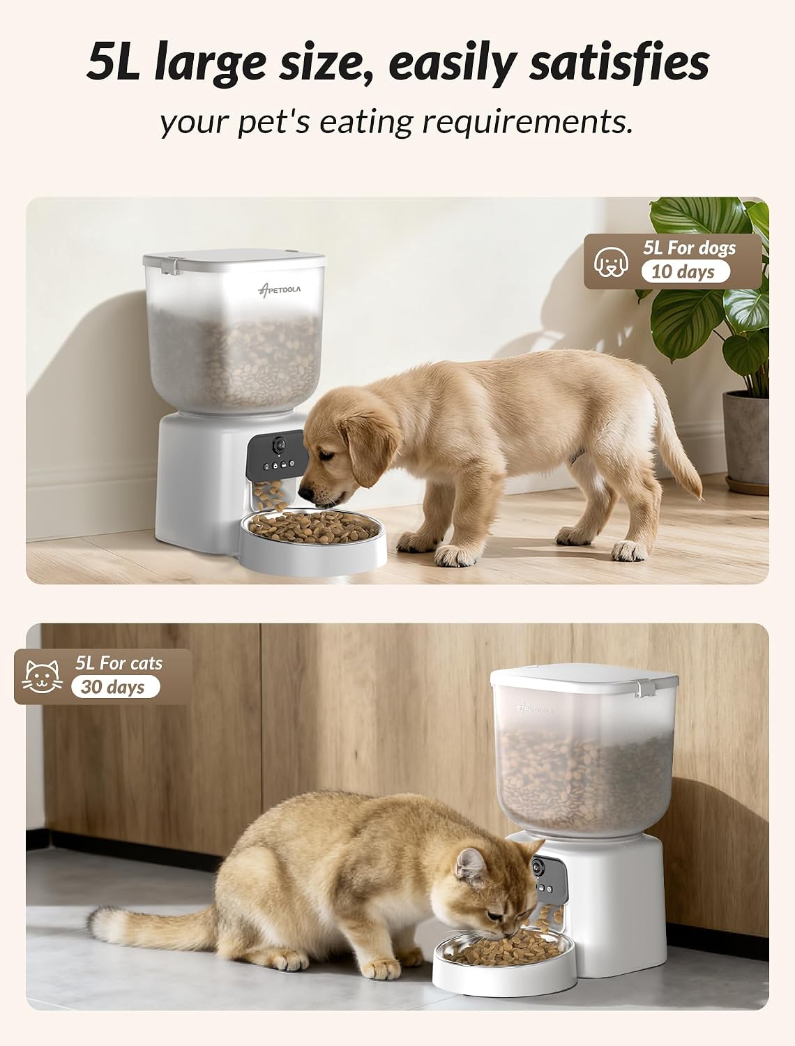 automatic cat feeder with camera, 5l timed cat showing dimensions