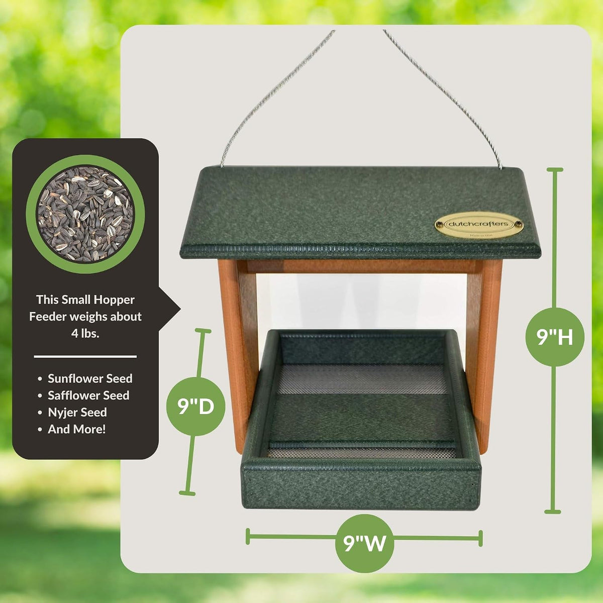 dutchcrafters plastic hanging hopper bird feeder, small bird shown in use