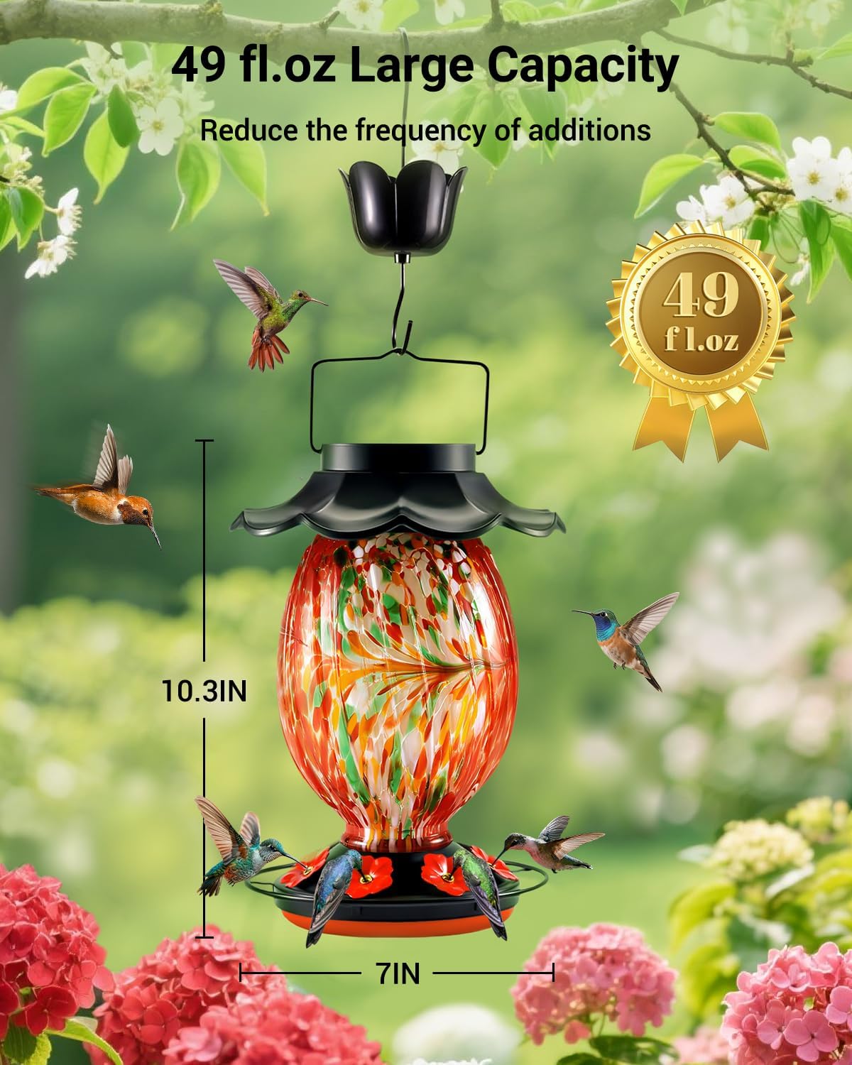 housesapp solar hummingbird feeder - 49 fl.oz hand, side view