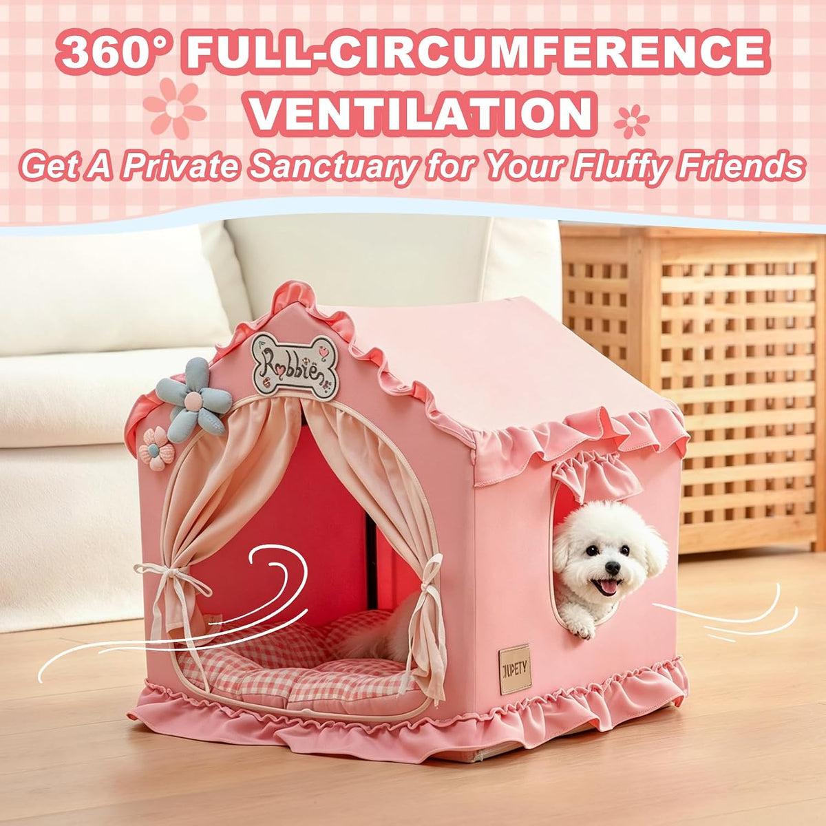 jiupety indoor dog house with frame,cute dog tent shown in use