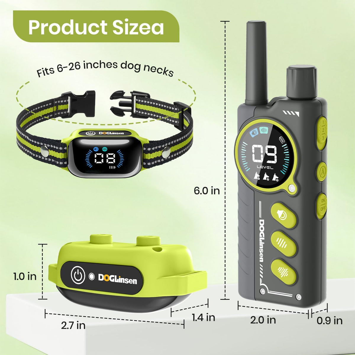 no shock dog training collar for 2 dogs showing dimensions