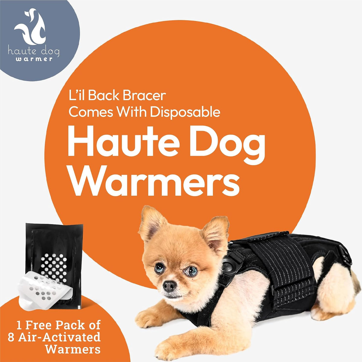 dog back brace with soothing heat warmers for, side view