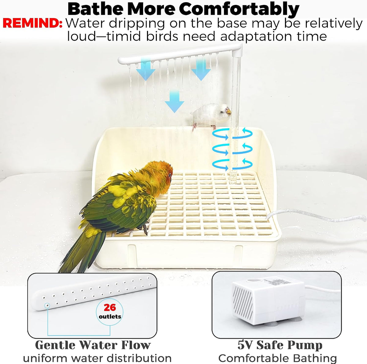automatic parakeet bird bath with pump, large bird, side view