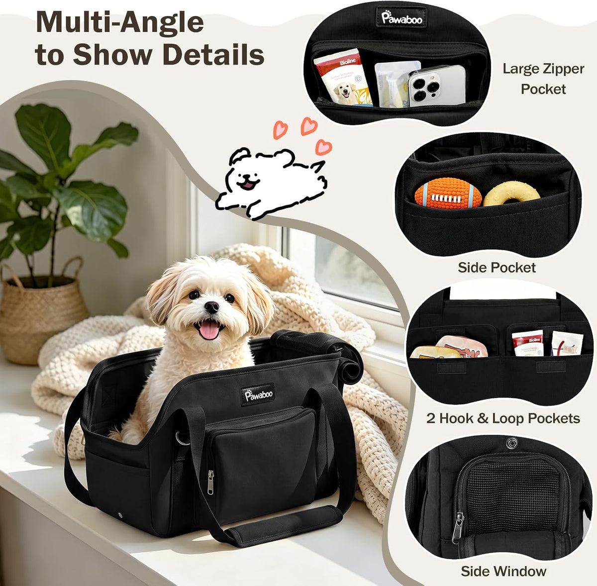 pawaboo dog purse carrier for small dogs,under 9, side view