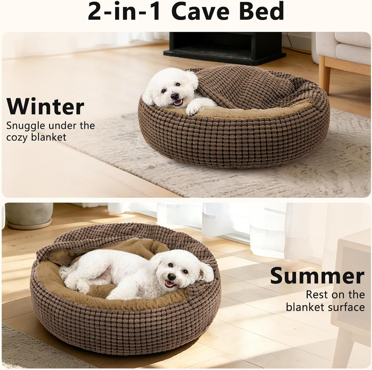 small dog bed with attached blanket, cozy donut shown in use