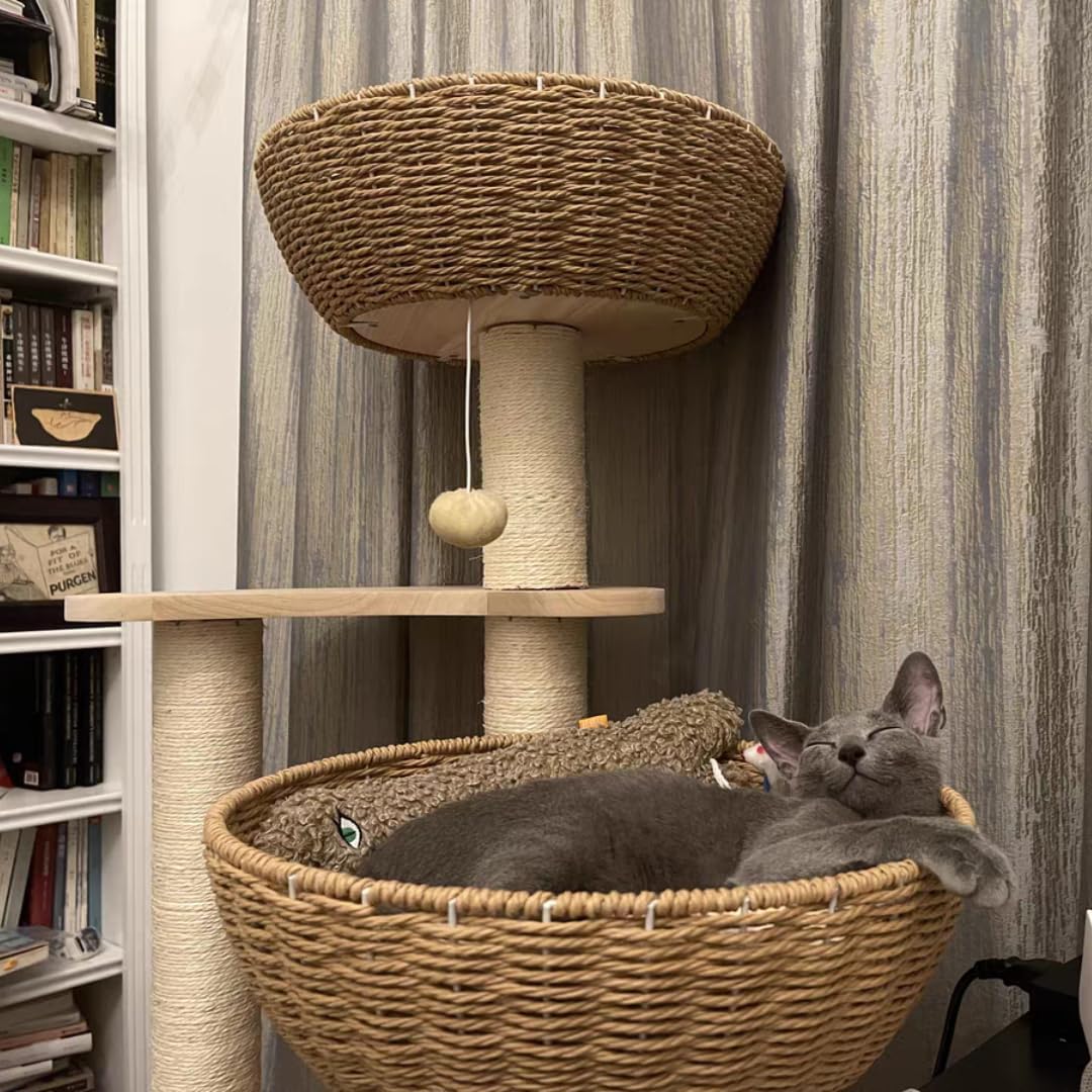 modern wood cat tree for large cats,luxury rattan on a desk or shelf