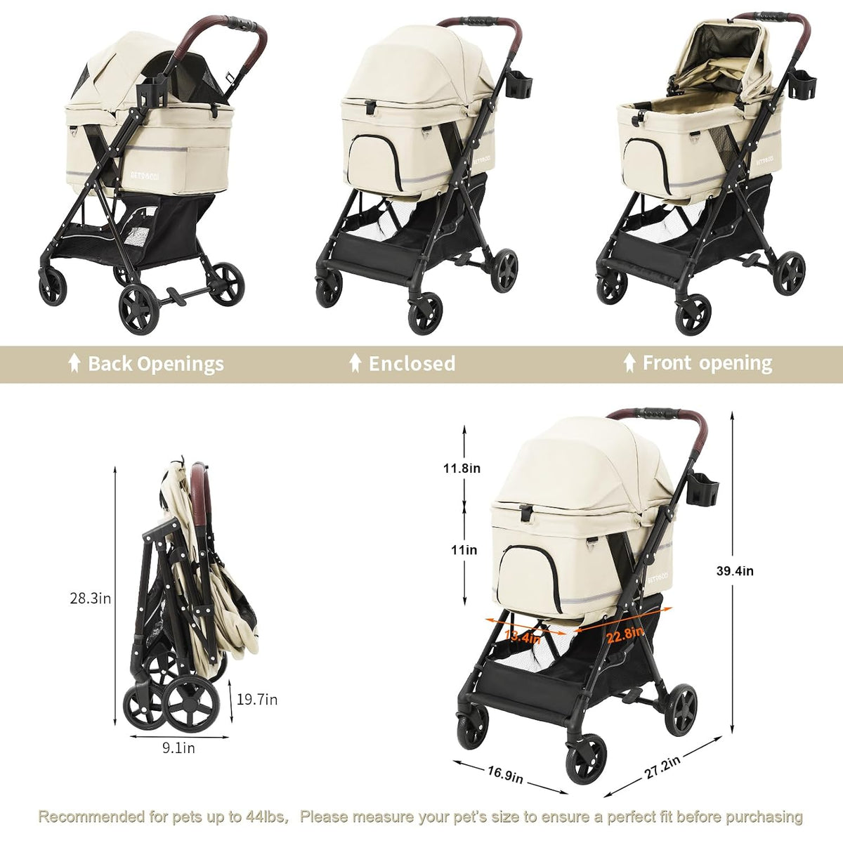 dog stroller with no-zip buckle canopy, fits 2 showing dimensions