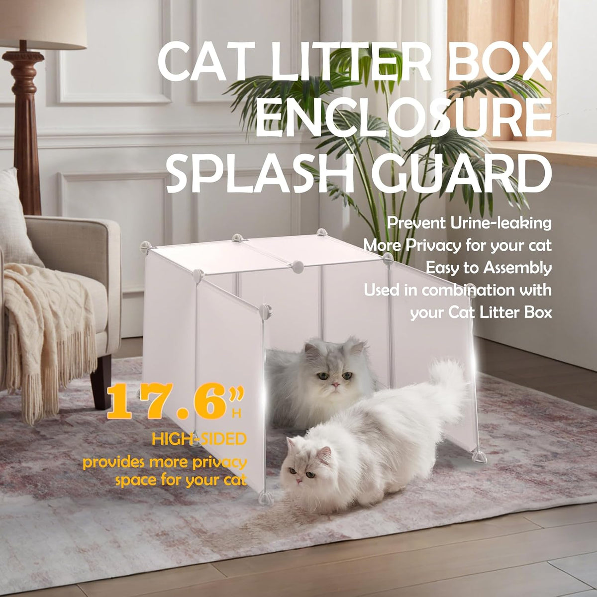 meexpaws cat litter box enclosure, splash guard, pee shown in use