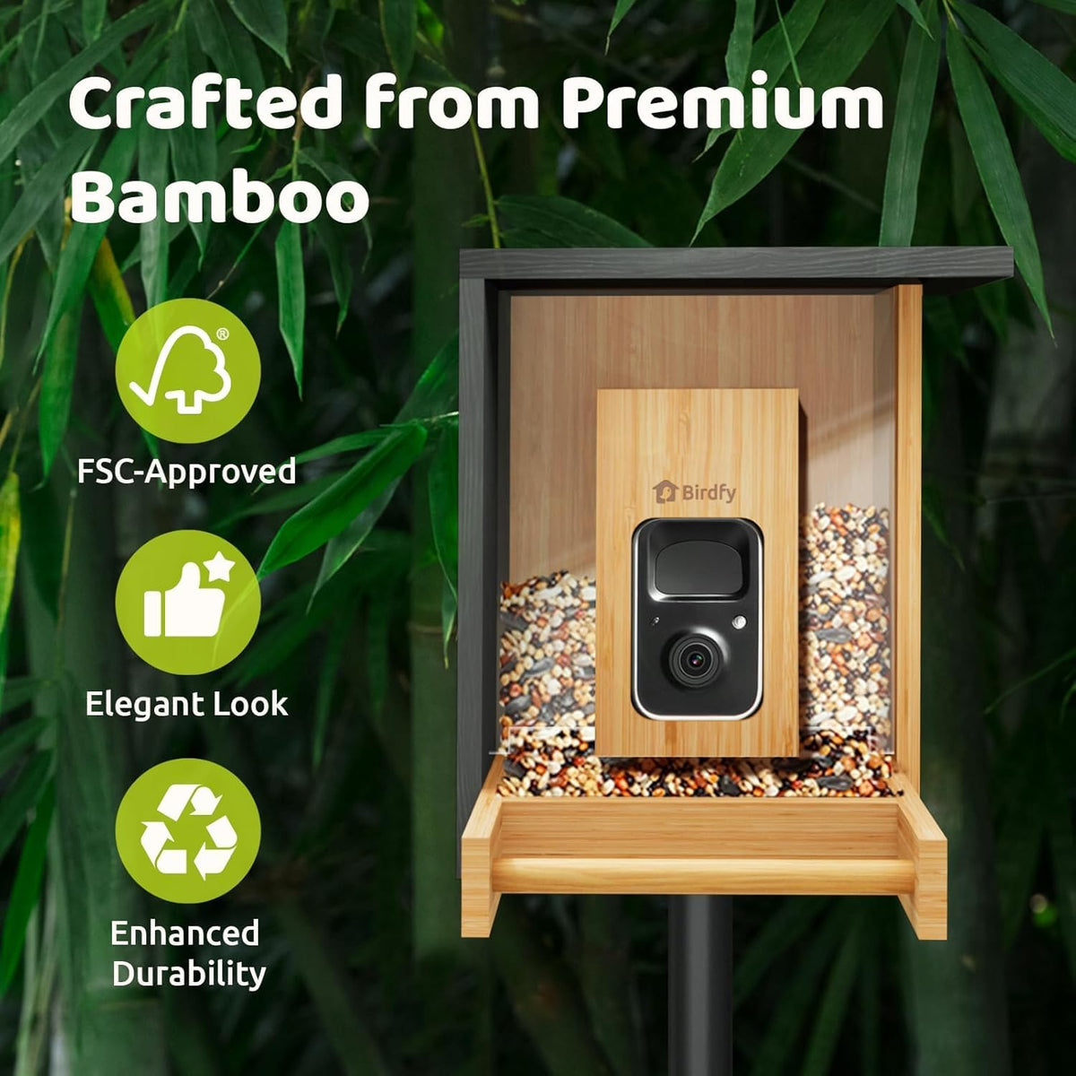 birdfy smart bird feeder with camera, high-end bamboo, side view