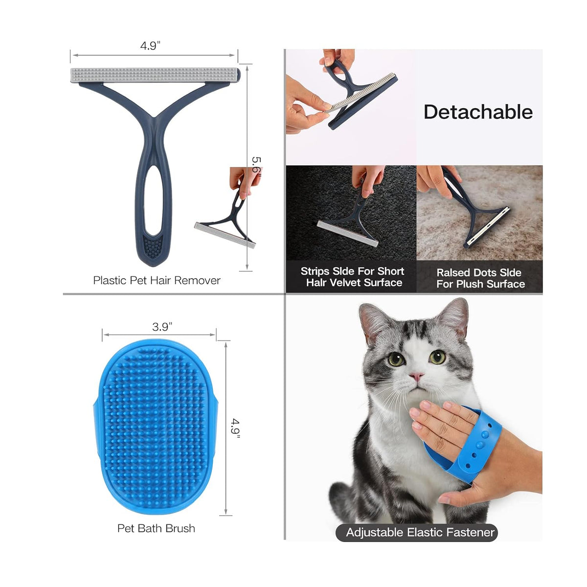 7‑in‑1 pet deshedding tool, dog grooming brush set showing dimensions