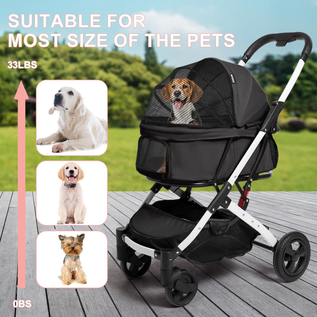 pet stroller for small dogs and cats, black showing dimensions