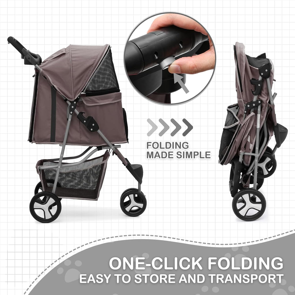 pet stroller for small/medium cats and dogs, coffee showing dimensions