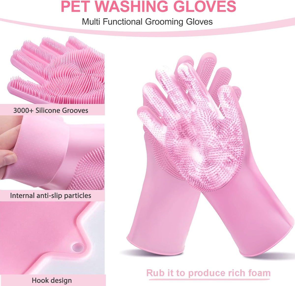 pink dog washing kit with brush, scrubber, gloves showing dimensions