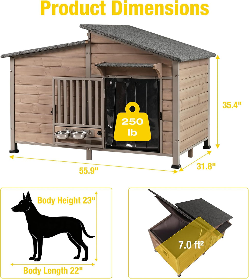 outside chew-resistant heated dog house with metal frame shown in use