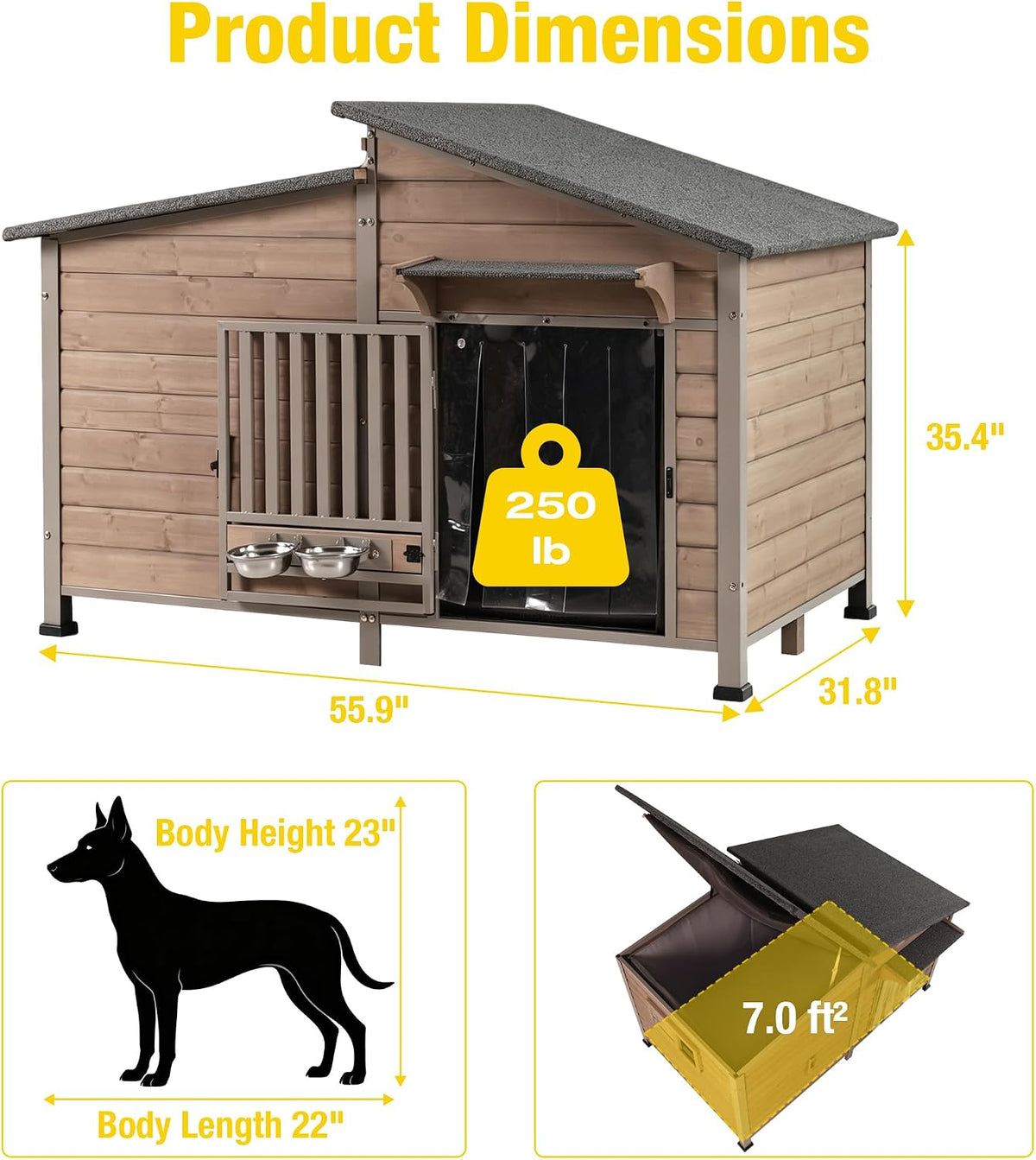 outside chew-resistant heated dog house with metal frame shown in use
