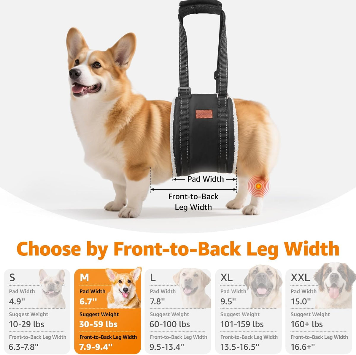 loobani dog sling for large dogs hind leg showing dimensions