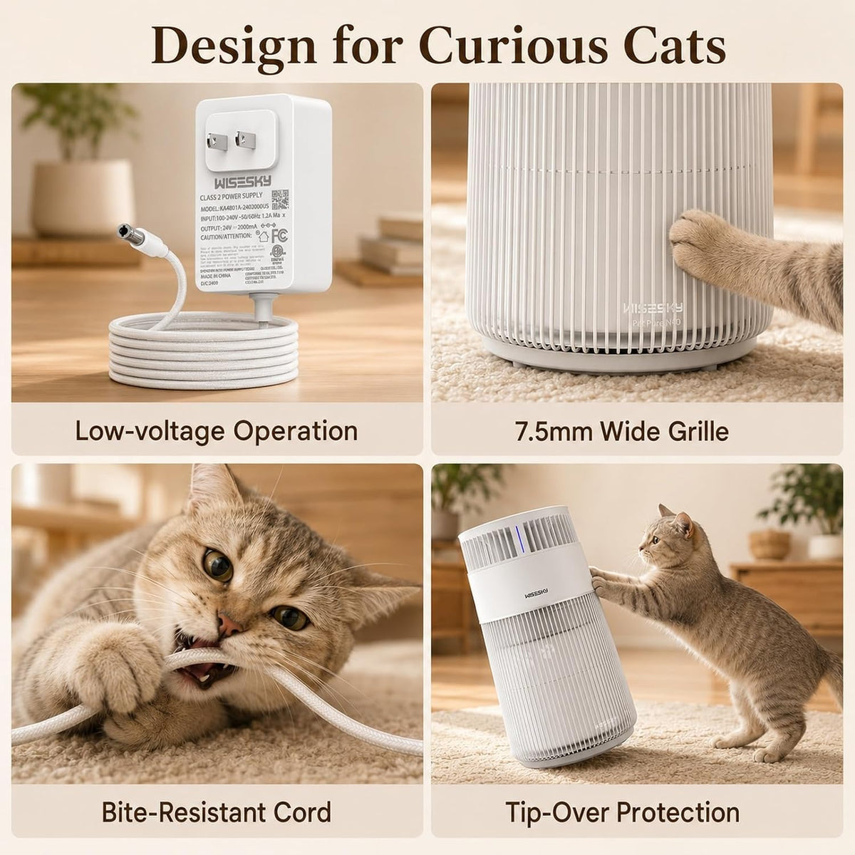 wisesky cat air purifier for large rooms, 5-stage, side view