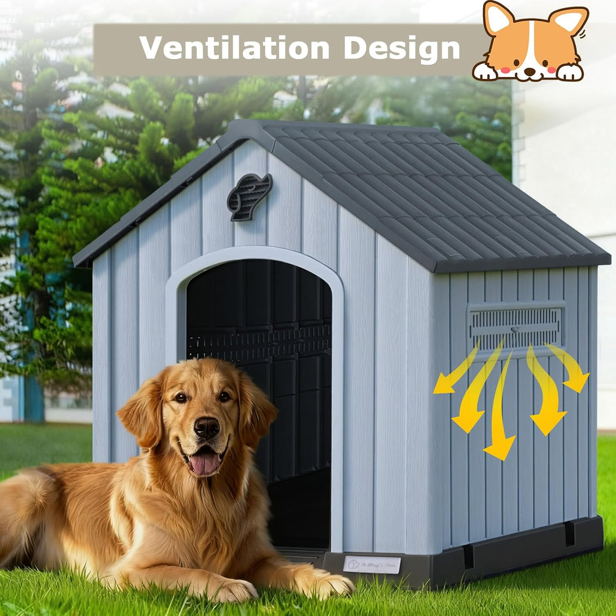 pukami large dog house outdoor indoor, plastic dog, side view