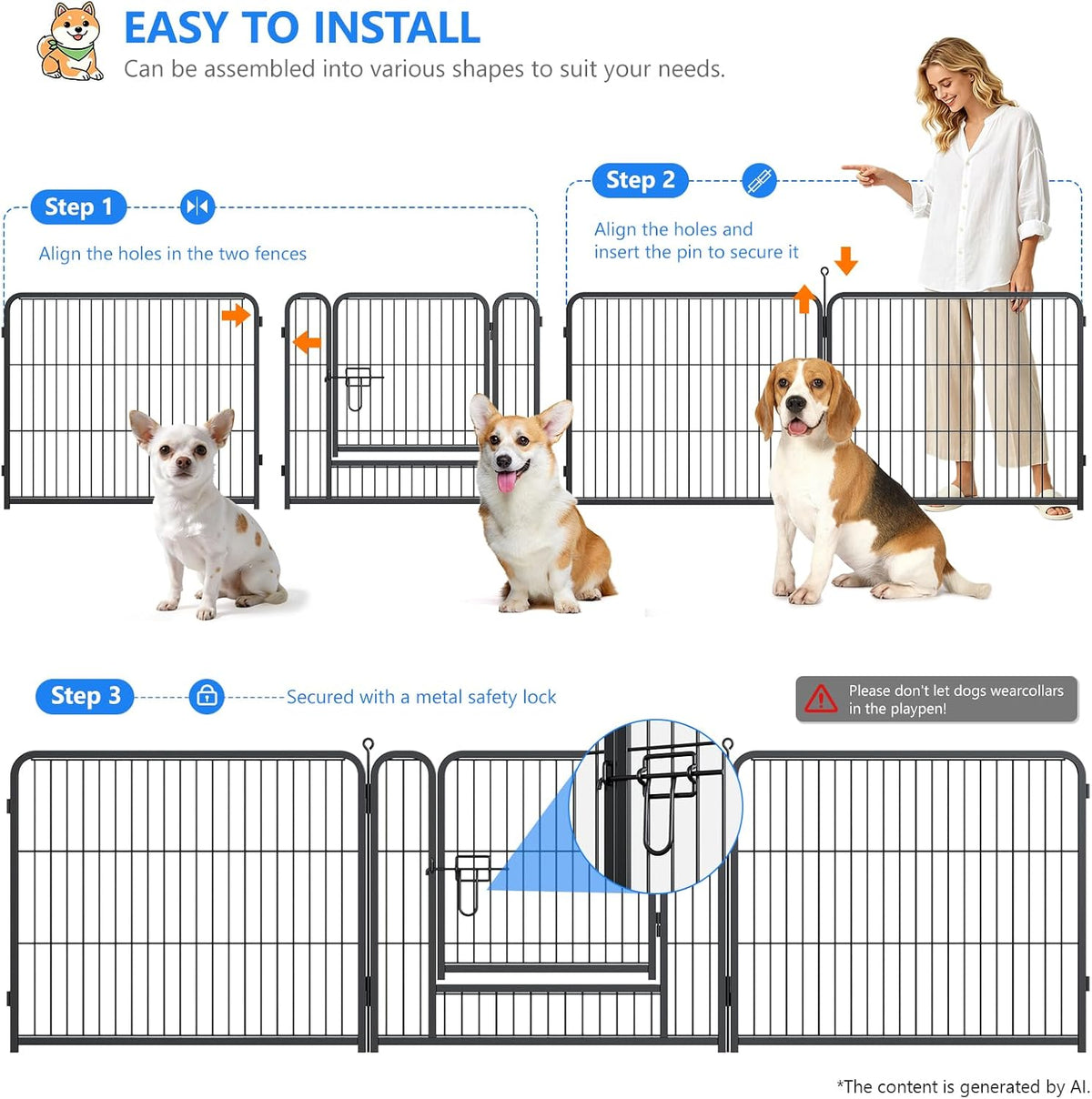 dog playpen outdoor, 24 inch height 8 panels showing dimensions