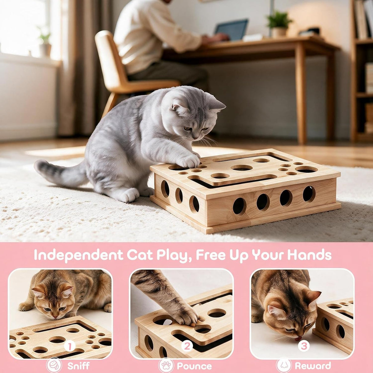 【large&thicken oak 】cat nail file scratcher puzzle box,high-density showing dimensions