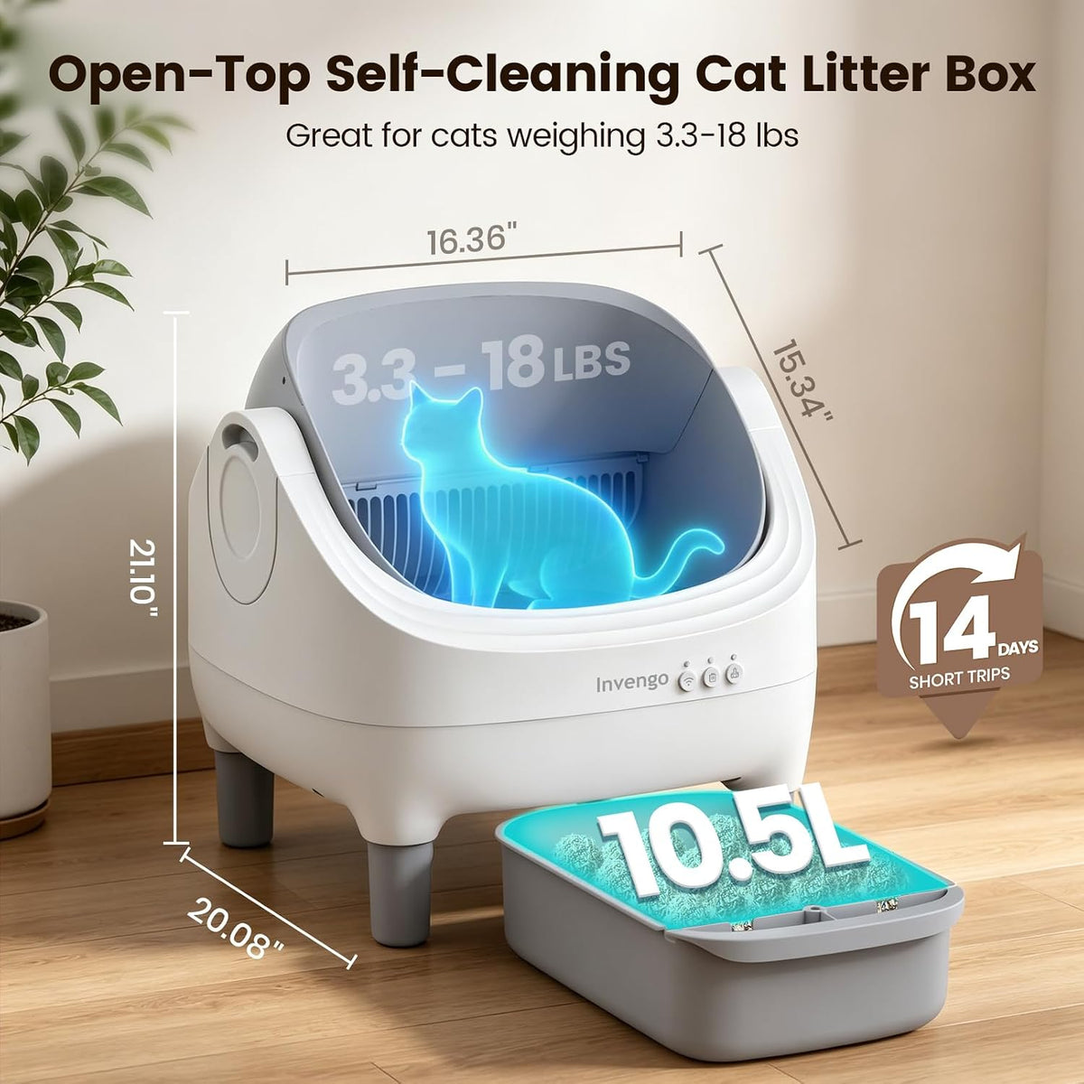 automatic litter box, electronic hands-free, open top self, close-up detail