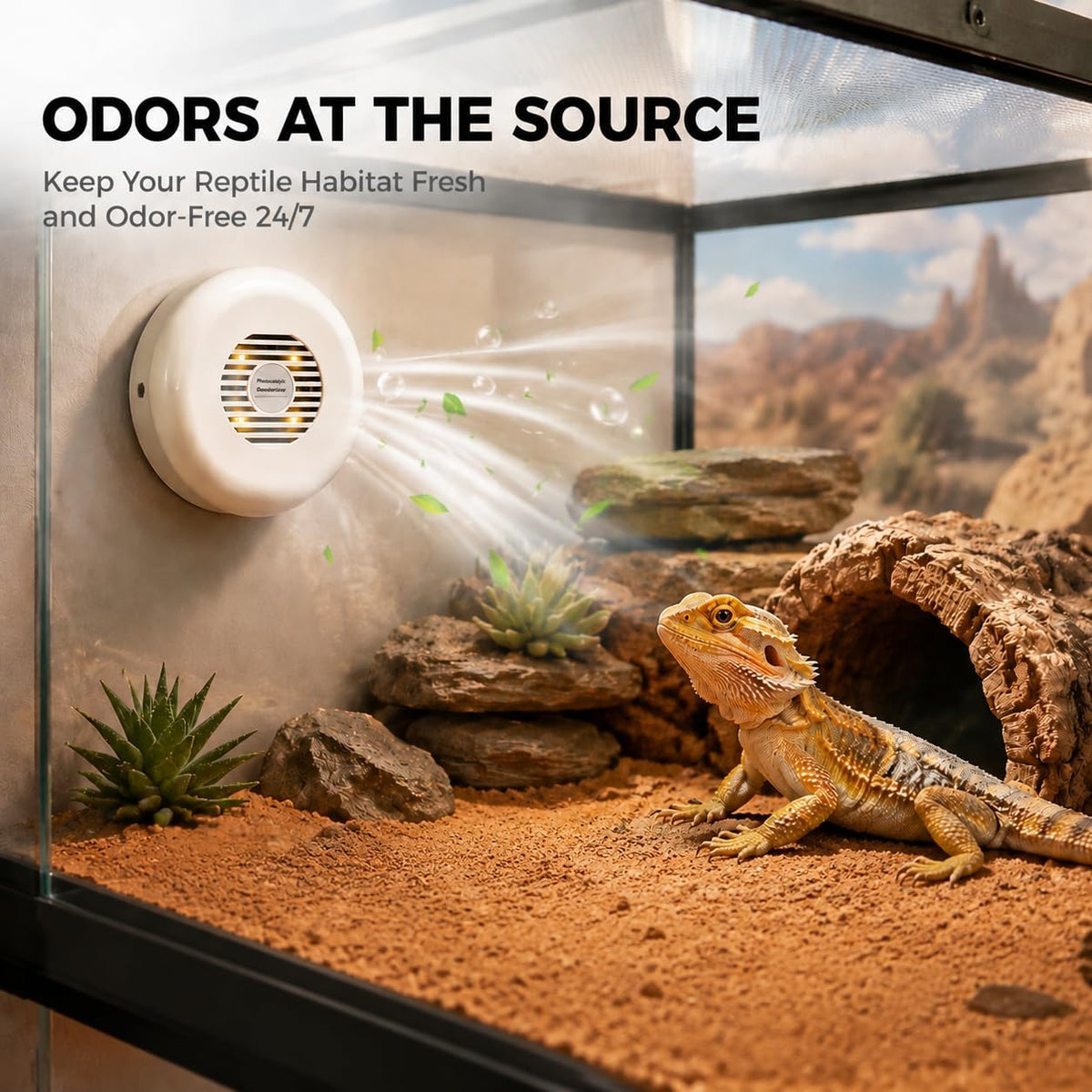 reptile enclosure odor eliminator, pco deodorizer for terrariums shown in use