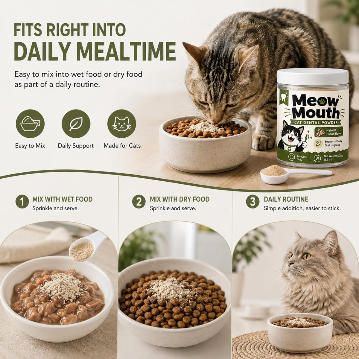 meow mouth cat dental powder, plaque & tartar, side view