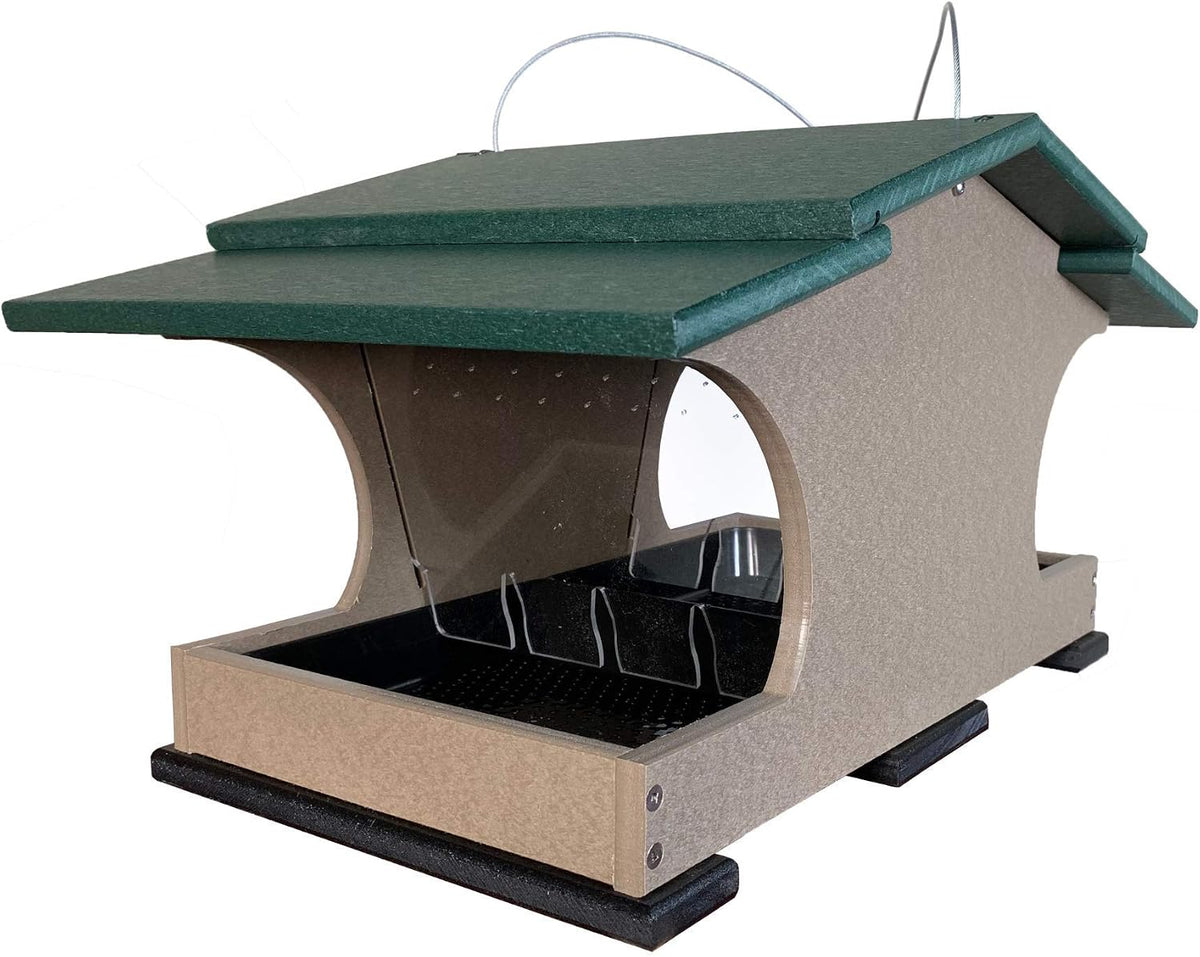 jcs wildlife large poly hopper bird feeder shown in use