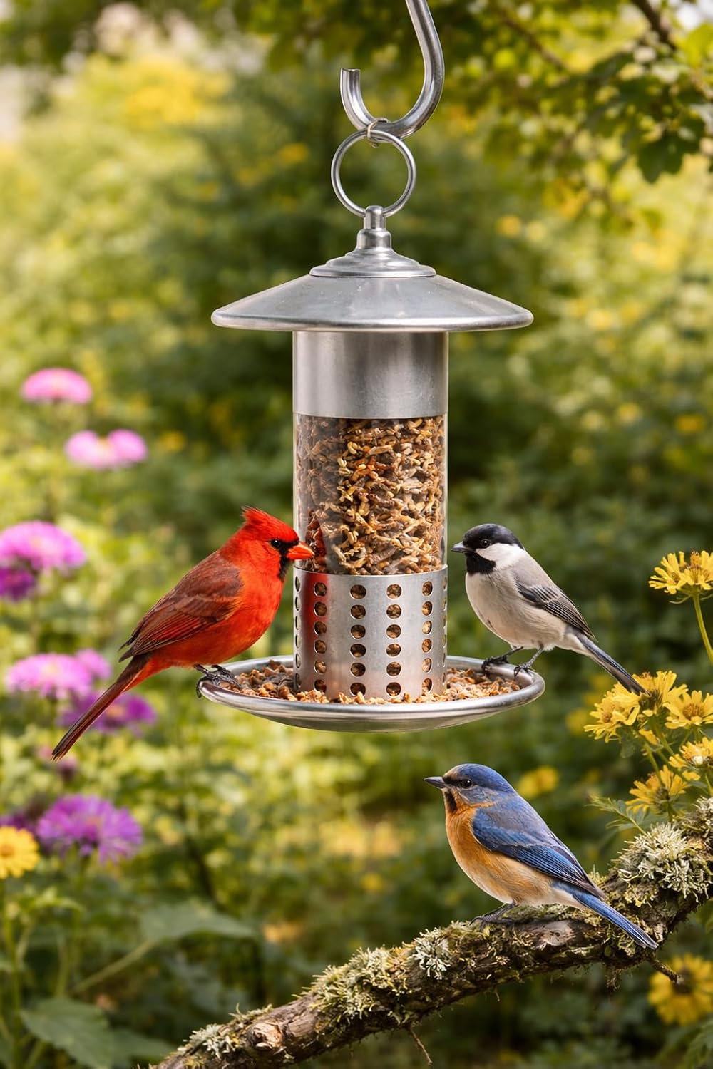 pacific bird and supply pb-0037 galvanized mealworm feeder shown in use