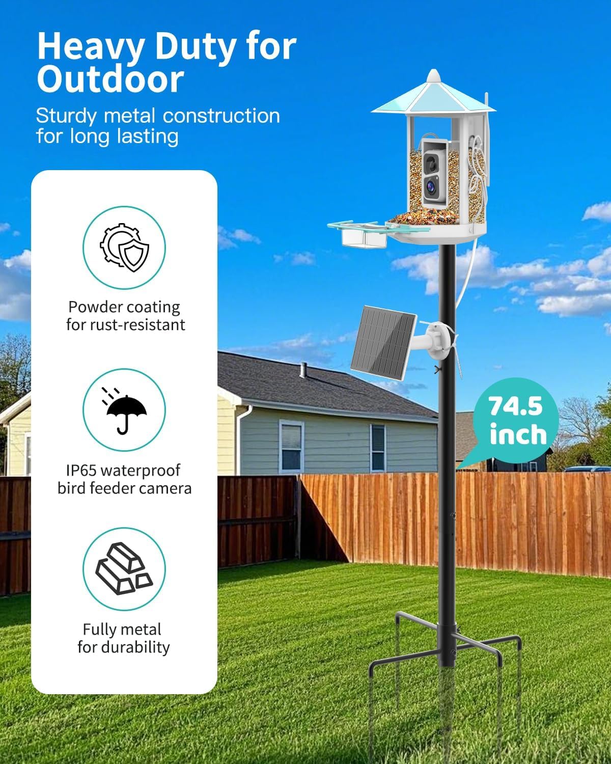 onlyfly metal bird feeder with camera and 74.5 showing dimensions