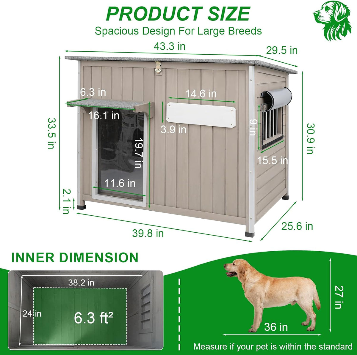 gowoodhut dog house outdoor weatherproof & wooden dog, close-up detail