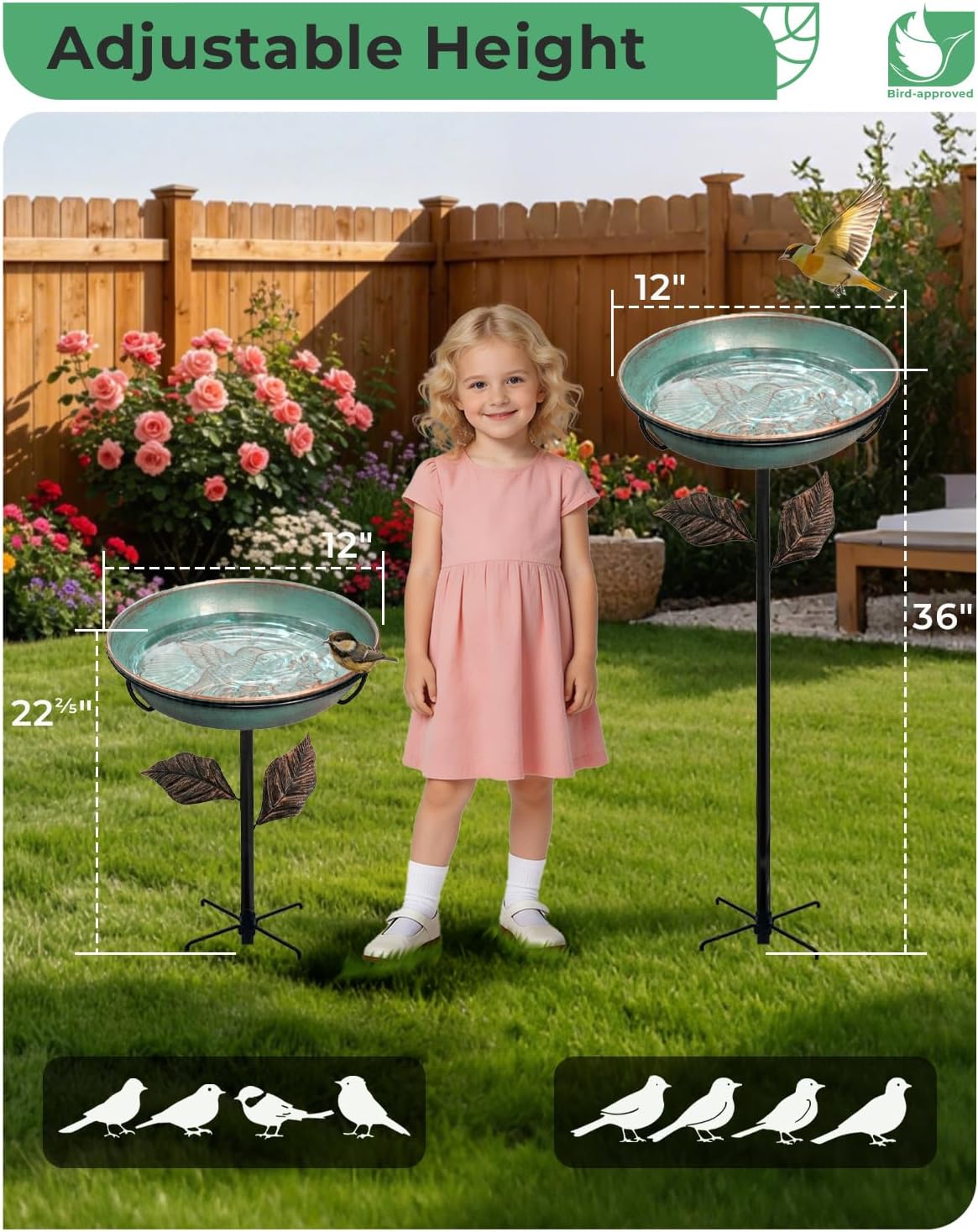 12" metal bird bath, hummingbird embossed bowl for, side view