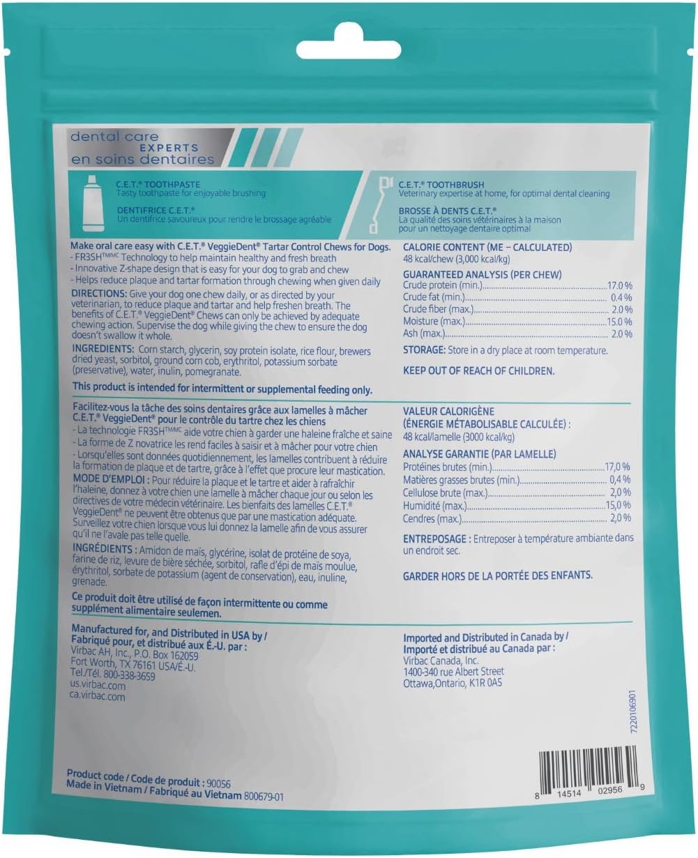 c.e.t. veggiedent fr3sh plaque and tartar control chews shown in use