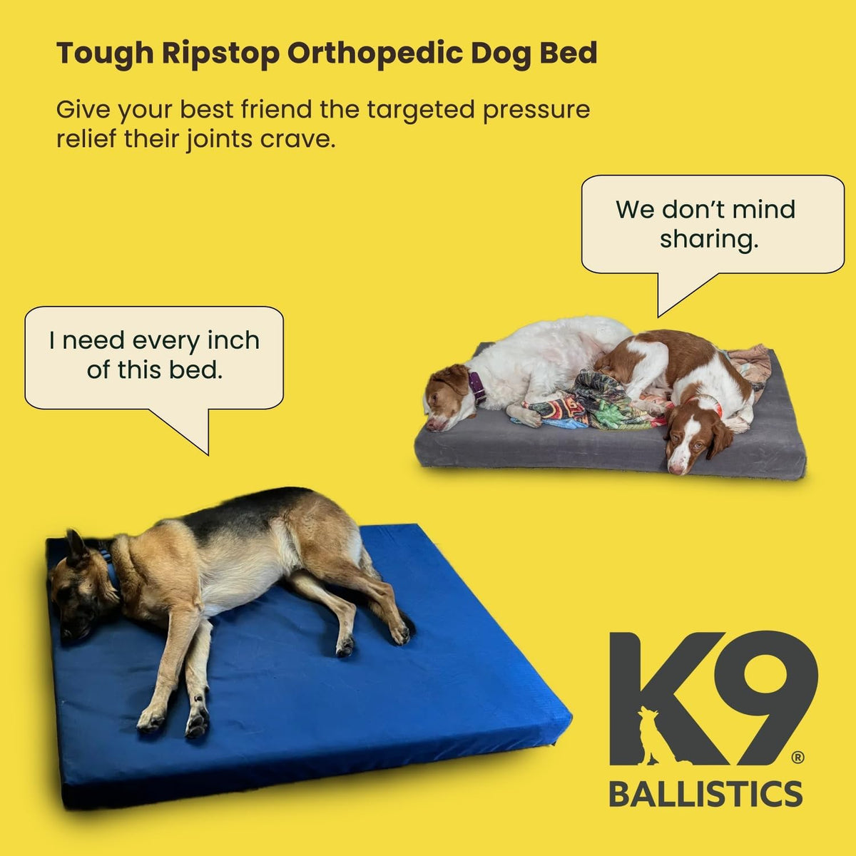 k9 ballistics tough ripstop ortho rectangle dog bed shown in use