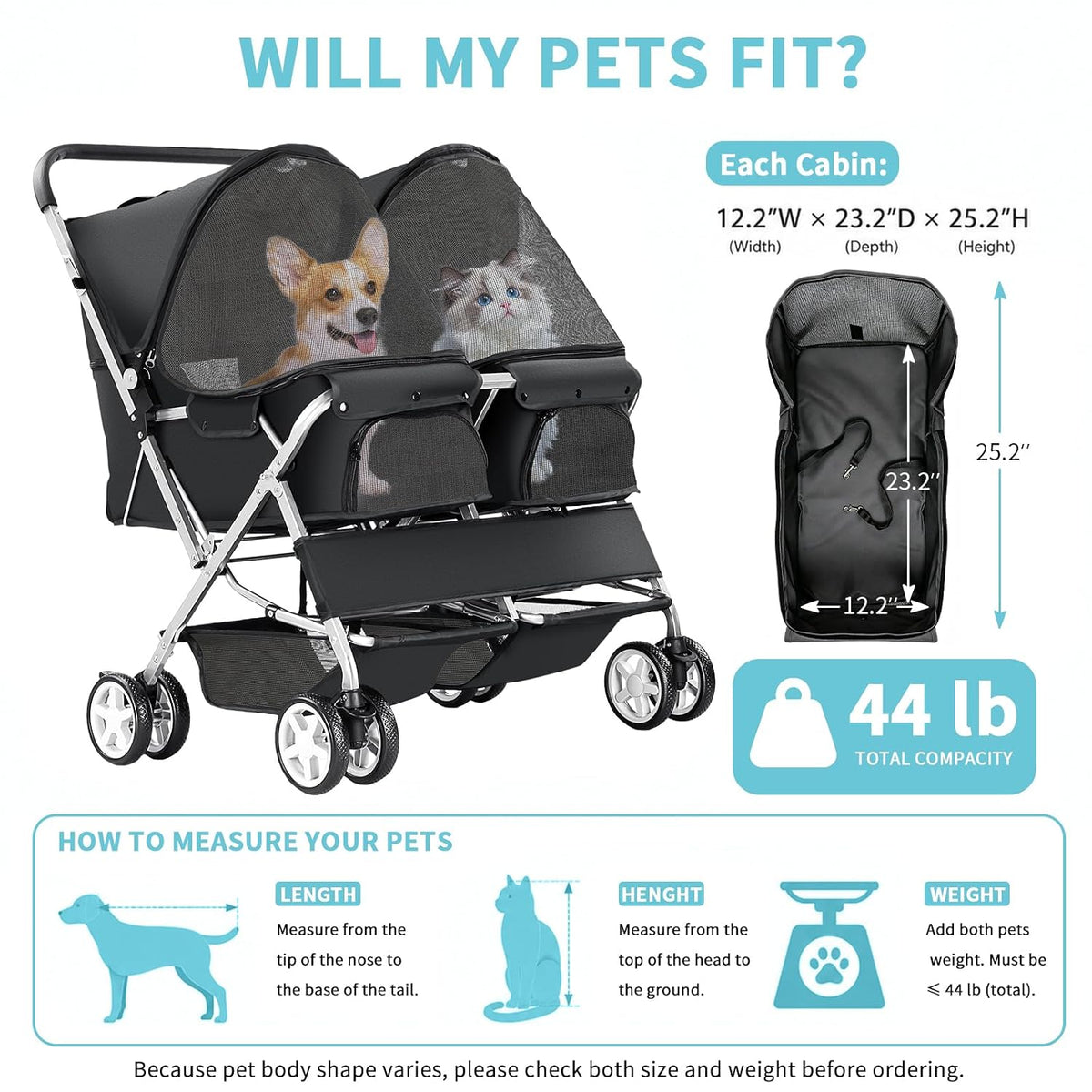 double pet stroller for 2 dogs & cats, side view