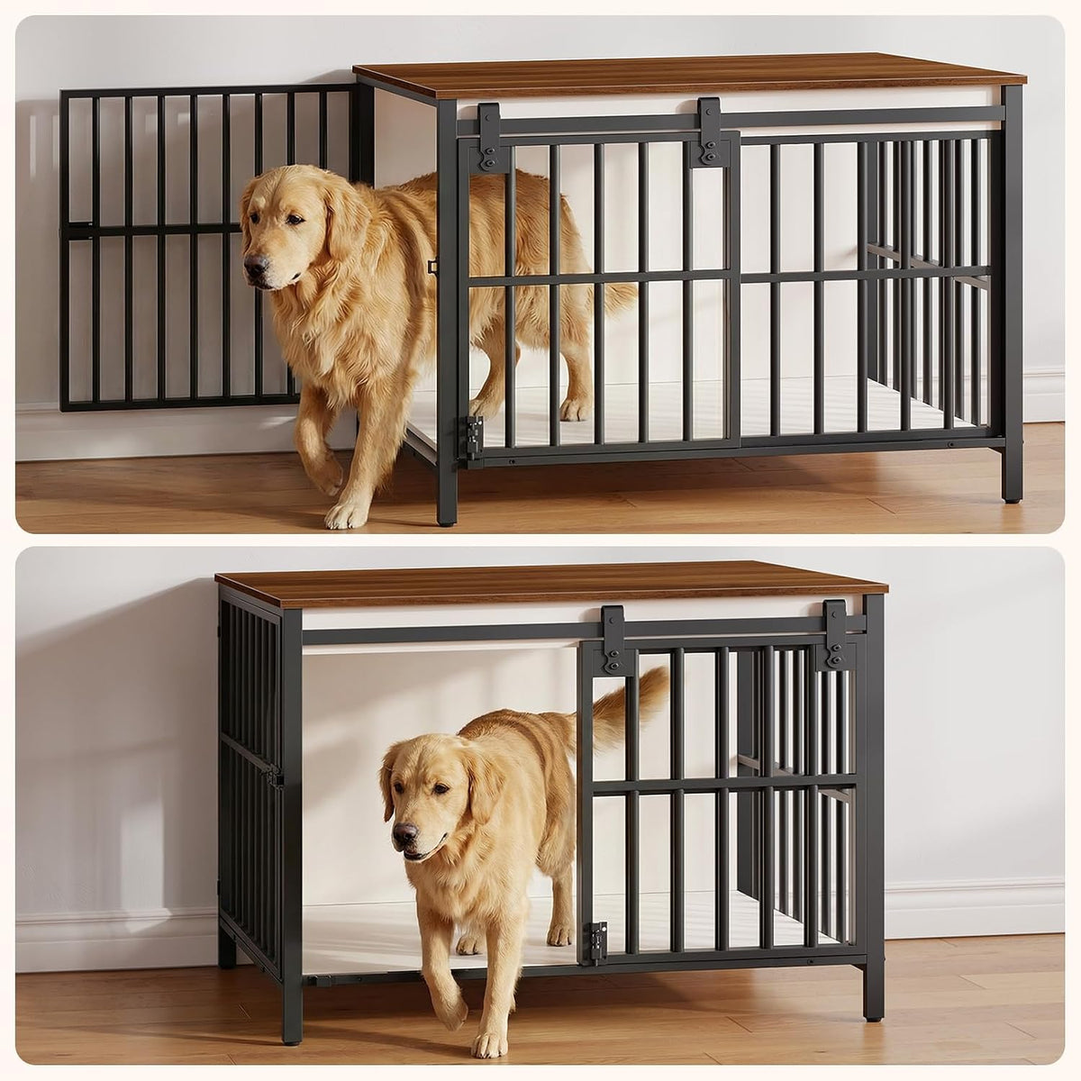 hoobro dog crate furniture with sliding barn door showing dimensions