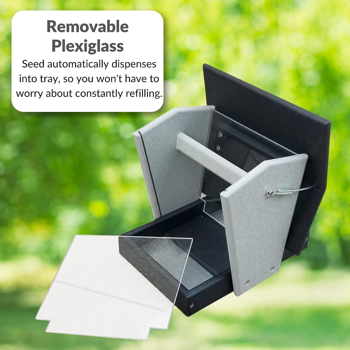 dutchcrafters plastic hanging hopper bird feeder, small bird showing dimensions