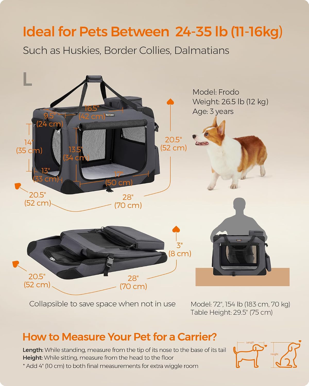 feandrea collapsible soft dog crate, portable travel carrier showing dimensions