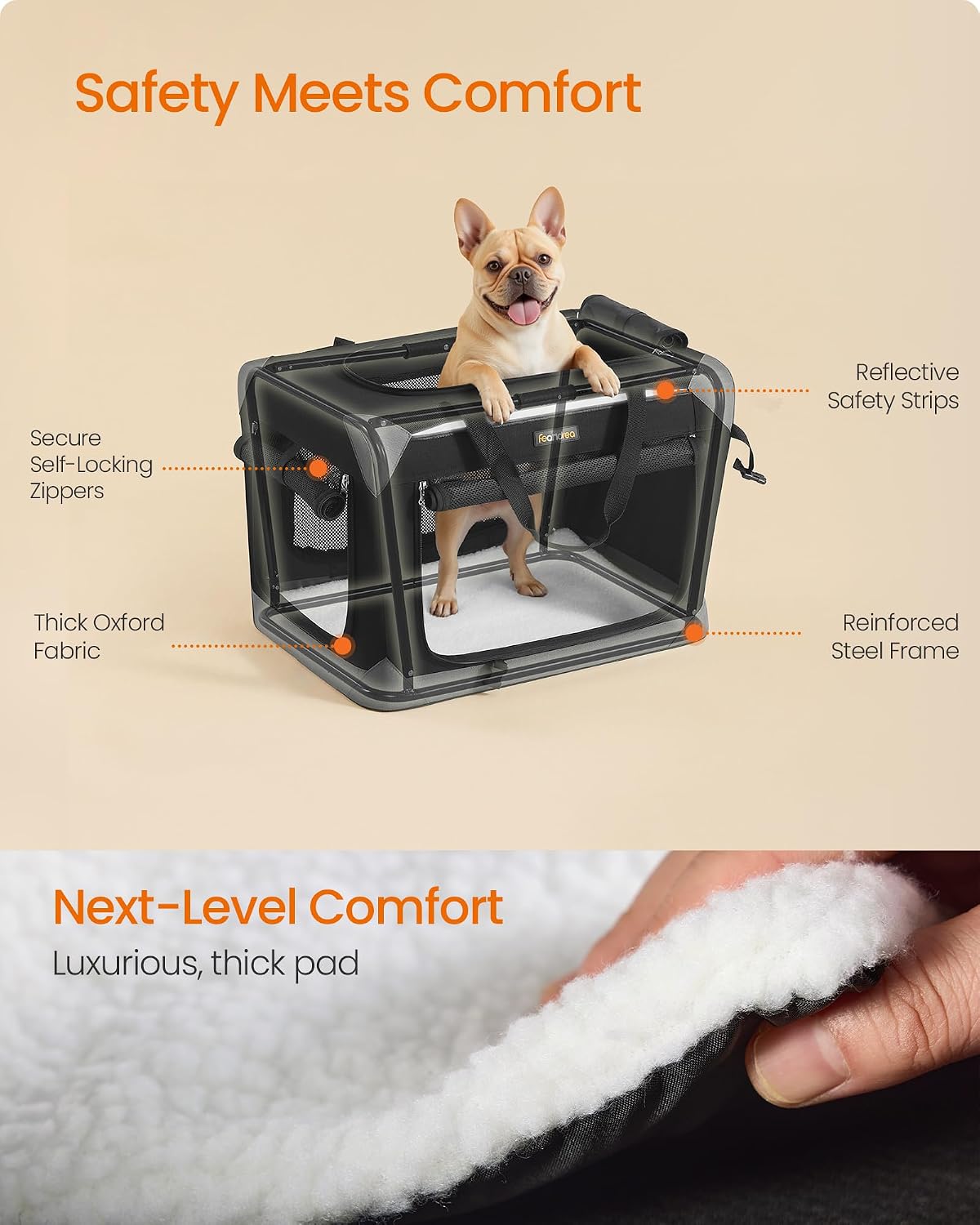 feandrea collapsible dog crate, portable pet travel crate showing dimensions