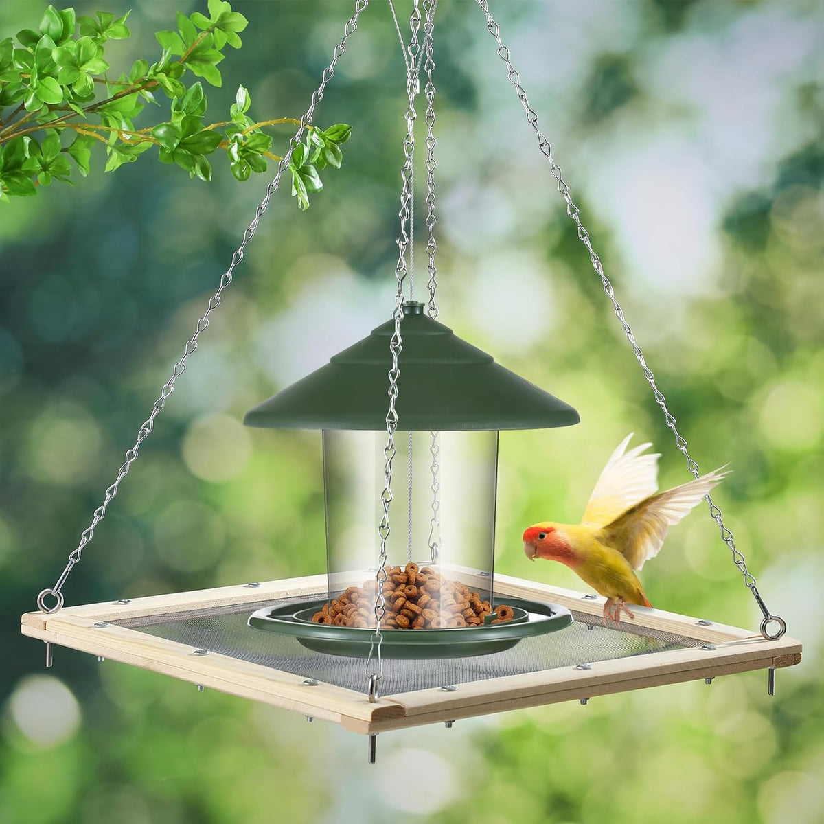 16 inch bird seed catcher hanging wooden platform, close-up detail