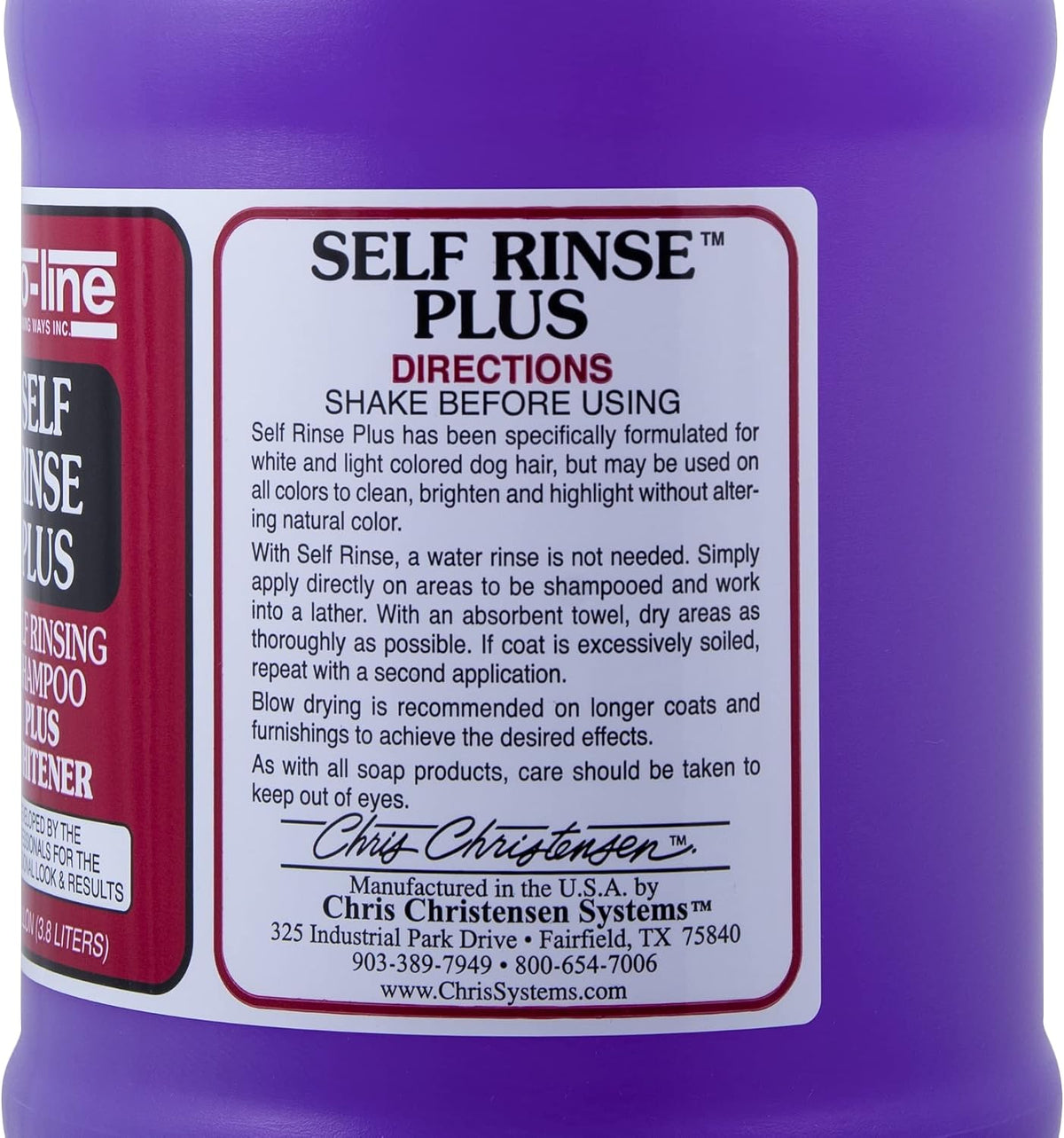 chris christensen proline self rinse plus dog shampoo, side view