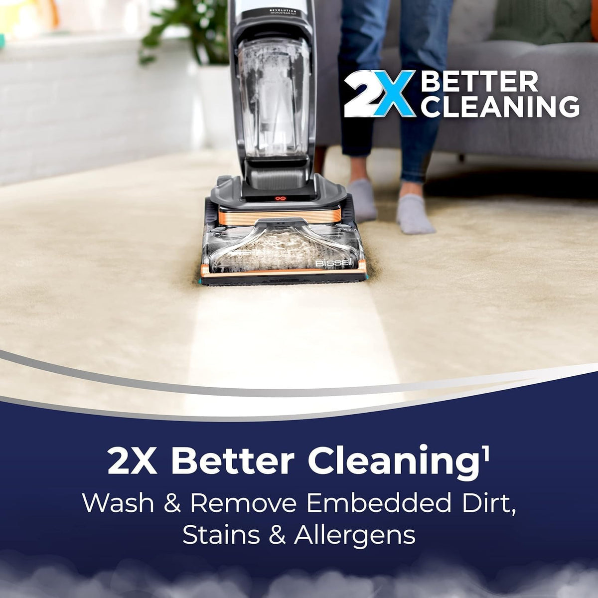 bundle of bissell revolution hydrosteam pet carpet cleaner shown in use