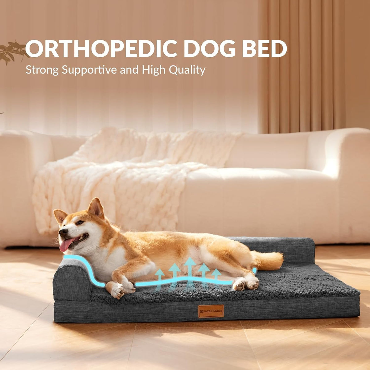 patas lague orthopedic large dog bed washable pet, side view