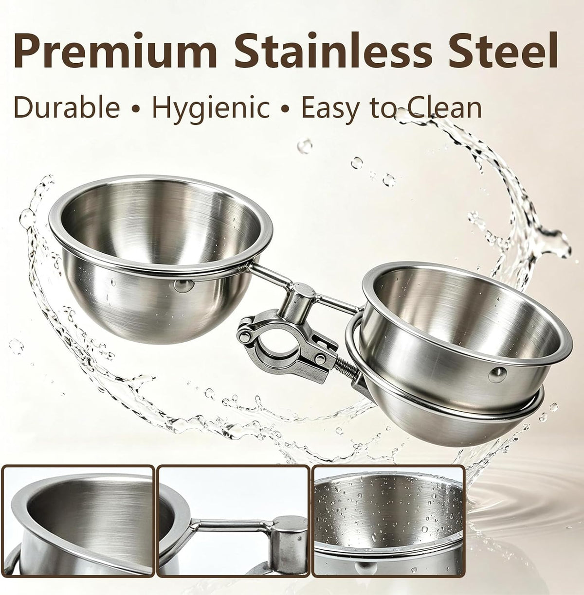 anti-tip stainless steel parrot feeding cups locking clip, side view