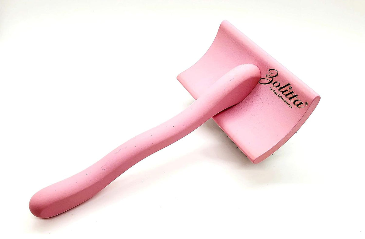 medium pink "pretty girl" slicker brush, slicker brush shown in use
