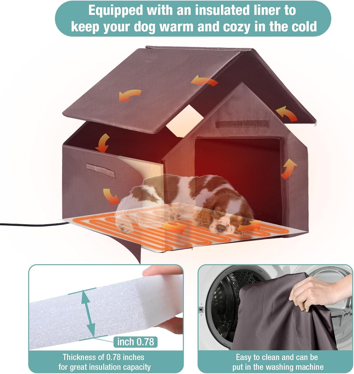 insulated dog house with heating pad, weatherproof outdoor shown in use