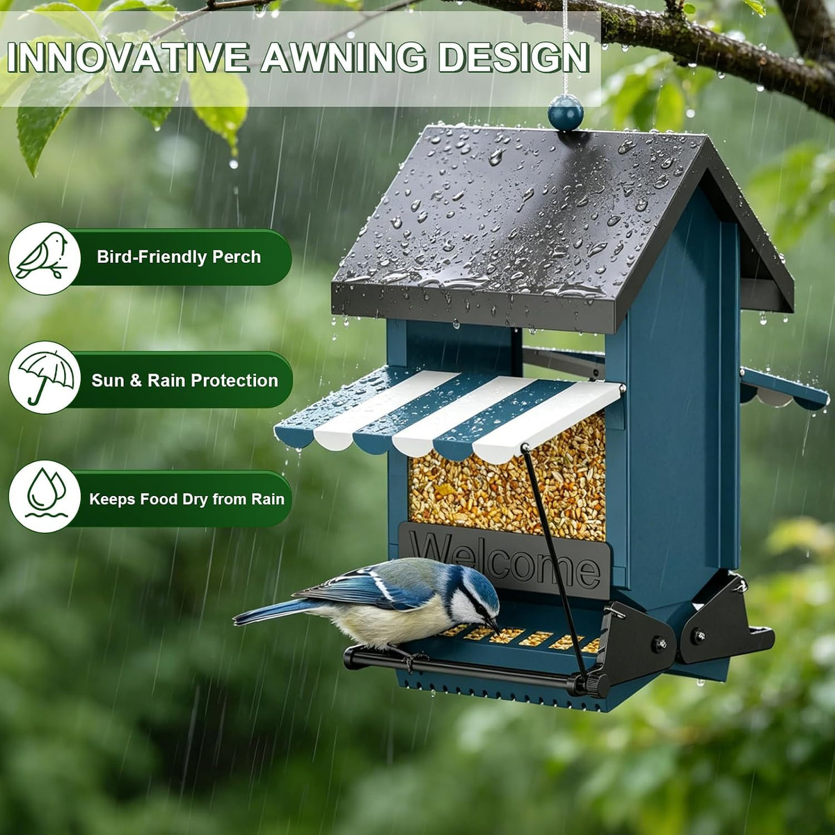 squirrel proof metal hanging bird feeder for outdoors, close-up detail