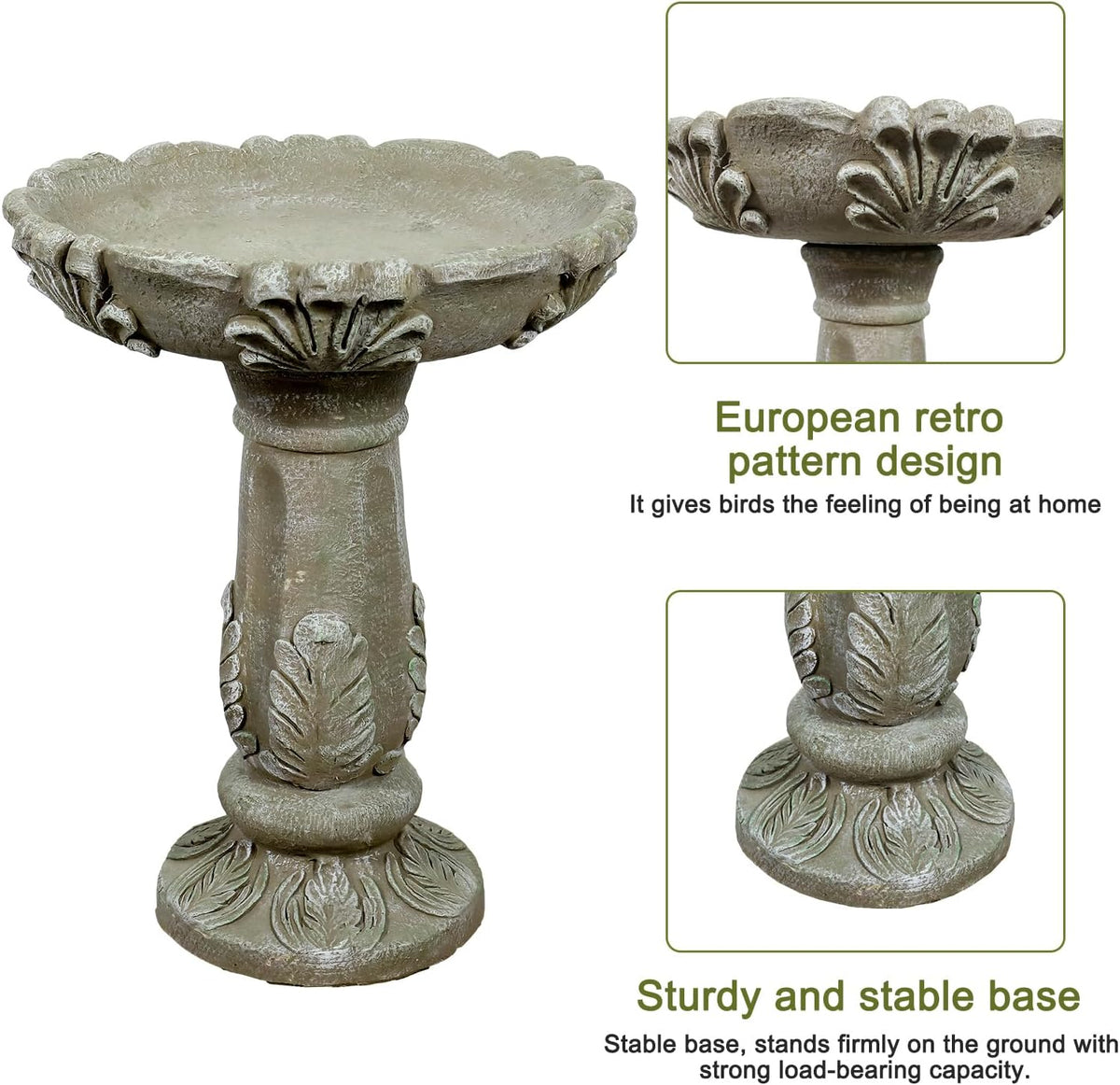 sunjet 23.6" outdoor fibre reinforced concrete birdbath, bird showing dimensions